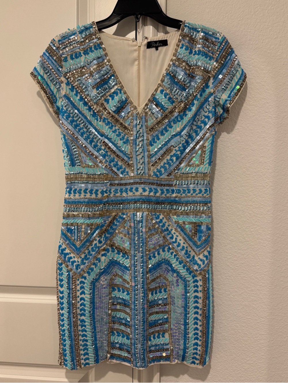 Parker Turquoise & Silver Sequin V-Neck Mini Dress